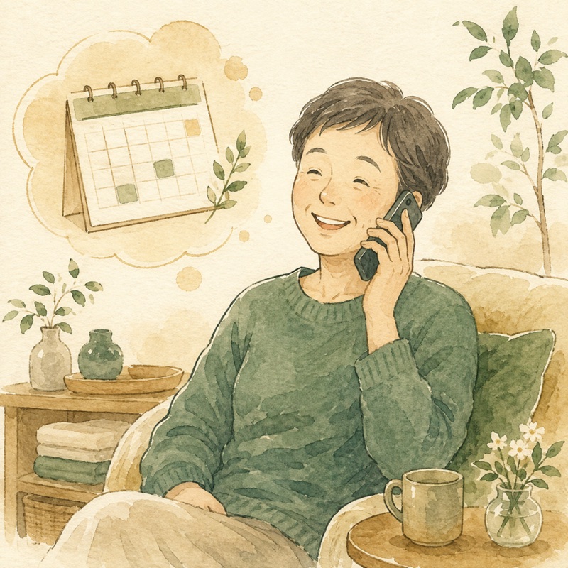 電話で予約を申し込む方と、そばに浮かぶカレンダーを描いたイラスト