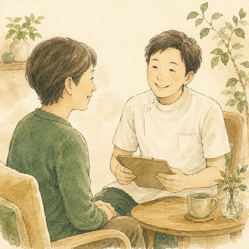 施術者が患者さんと向かい合い、話をうかがっている様子のイラスト