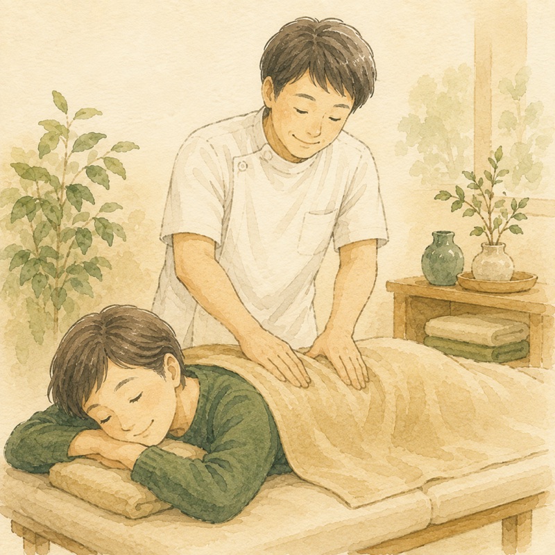 施術ベッドでうつ伏せになった患者さんの背中に手をあてている様子のイラスト