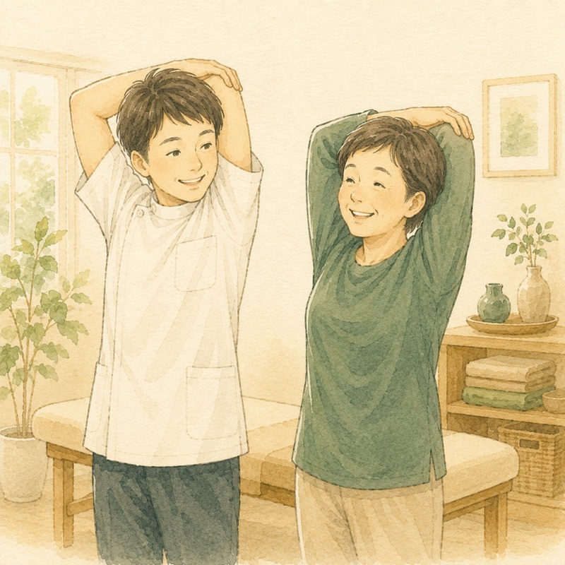 施術者と患者さんが一緒に肩のストレッチをしている様子のイラスト