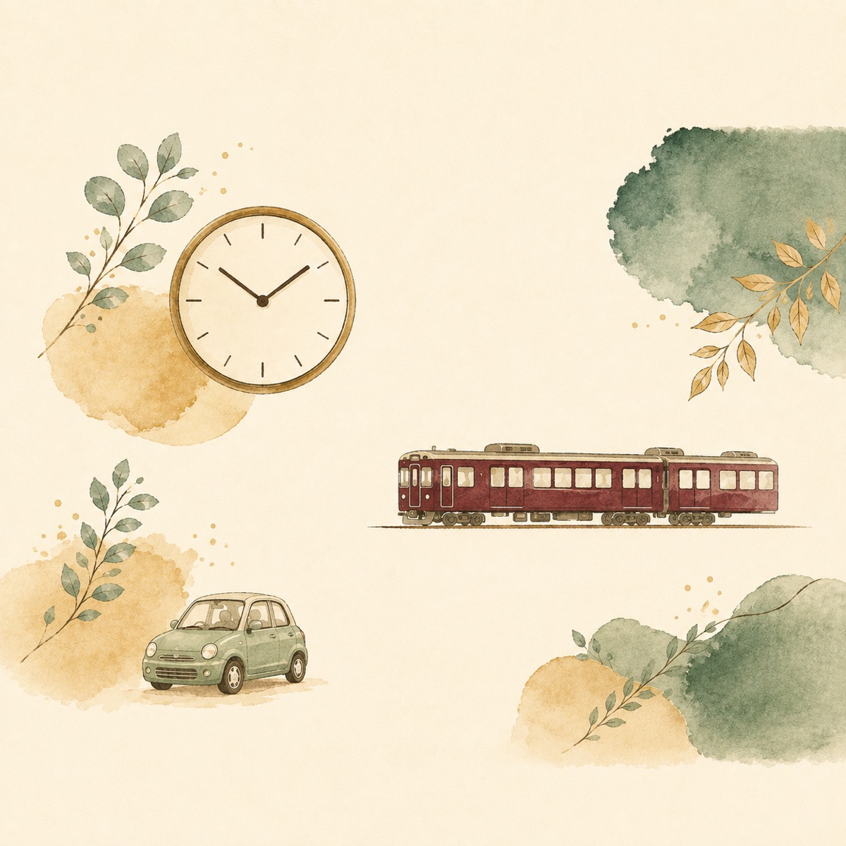 駅の時計・電車・車をあしらったイラスト