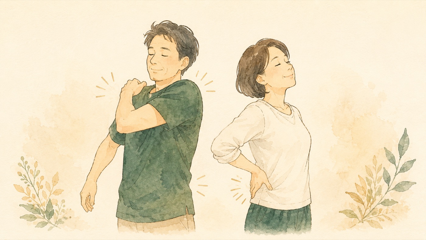 肩と腰をゆっくり伸ばすストレッチをしている男女のイラスト